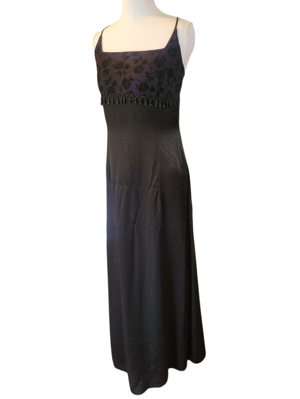 90s Hyphen Black Purple Floral Beaded Formal Floor Length Dress - Picture 4 of 8